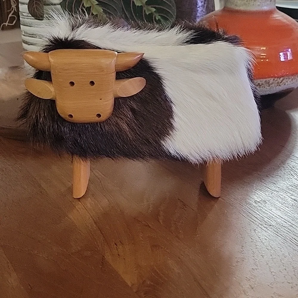 Taller Clavelli Wooden Cow Home Accent with Black and White Fur